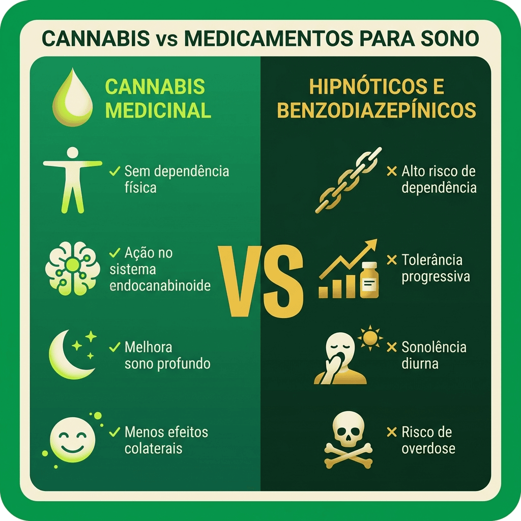 Infográfico comparativo: Cannabis medicinal versus tratamentos convencionais para sono