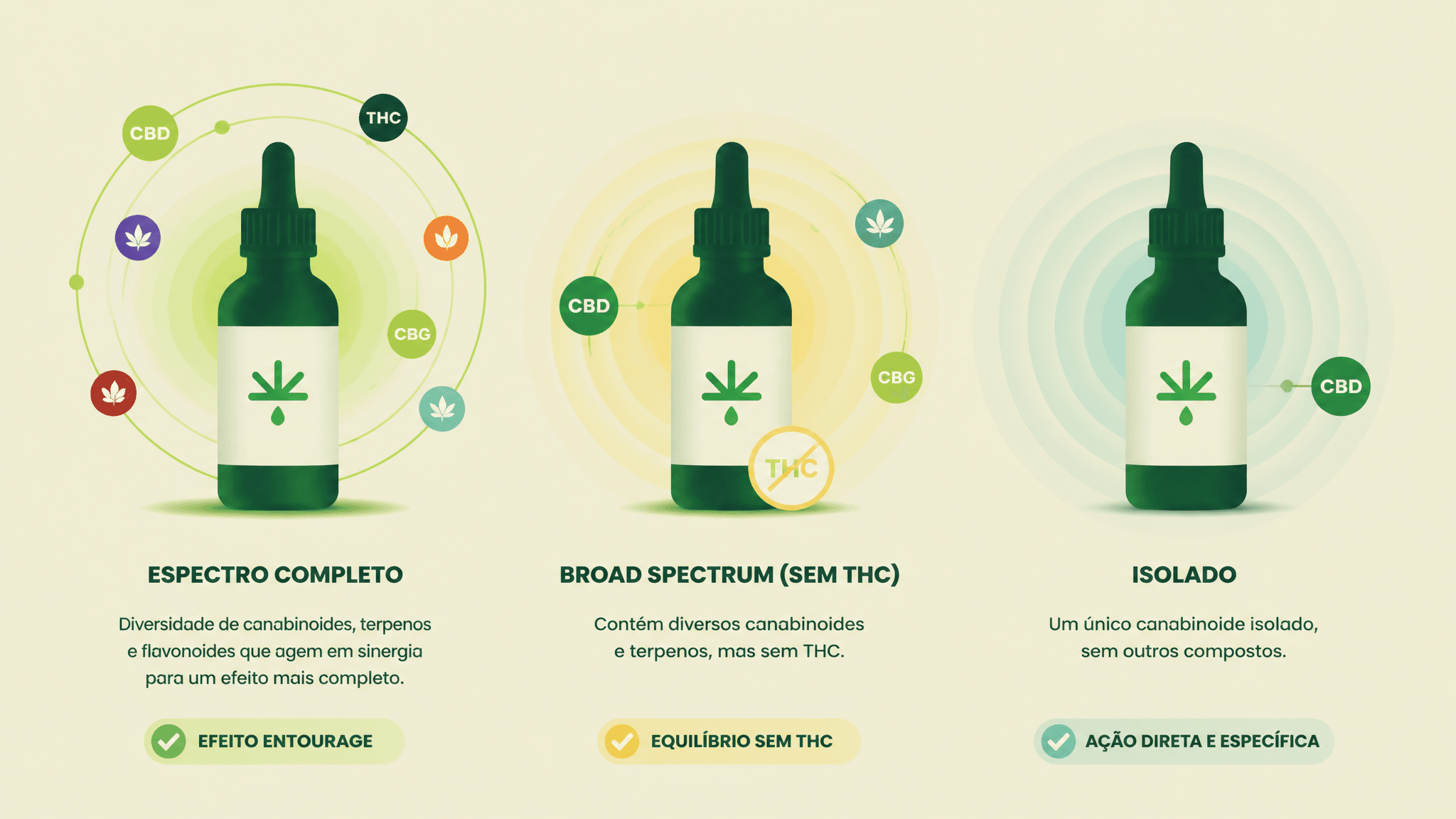 Comparação visual entre formulações full spectrum, broad spectrum e canabinoide isolado